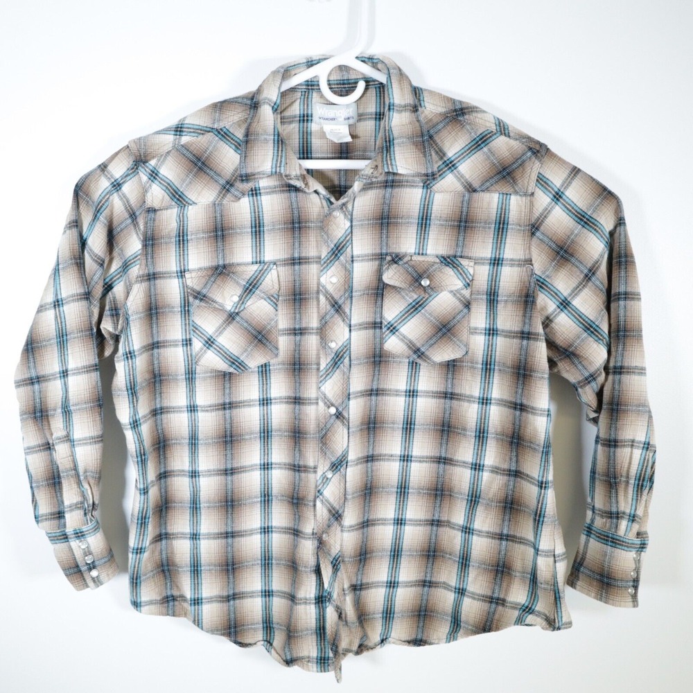 Wrangler Wrancher Pearl Snap Western Shirt Mens 2xl Plaid Turquoise Tan